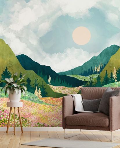 Prairie printanière colorée et montagnes vertes 