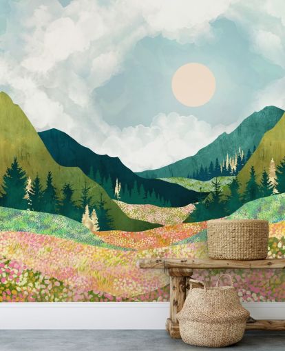 Colourful Spring Meadow and Green Mountains 