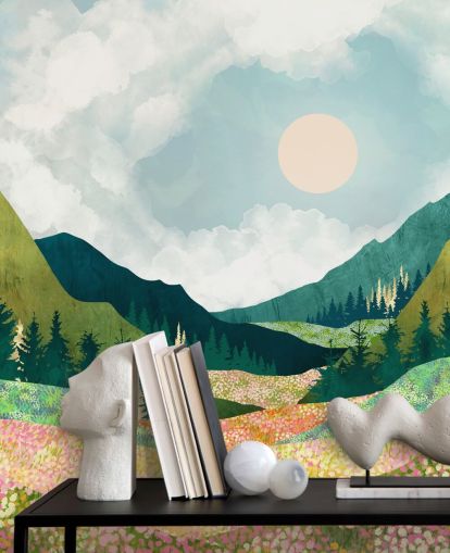 Prairie printanière colorée et montagnes vertes 