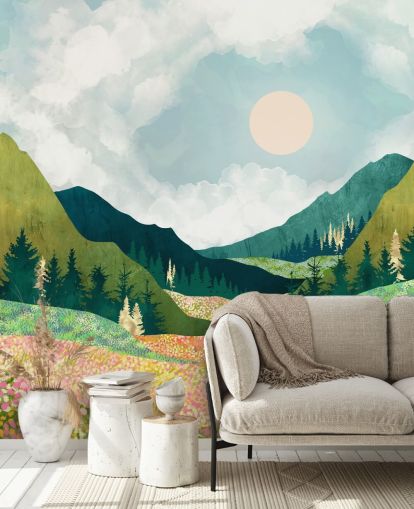 Colourful Spring Meadow and Green Mountains 