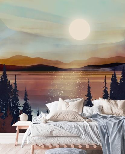 Sunset Over Bronze Lake And Mountains With Forest Trees