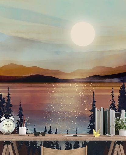 Tramonto sul lago di bronzo e le montagne con alberi forestali