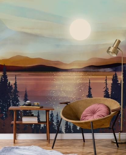 Sonnenuntergang über dem Bronzesee Und Bergen Mit Waldbäumen Sonnenuntergang über dem Bronzesee Und Bergen Mit Waldbäumen