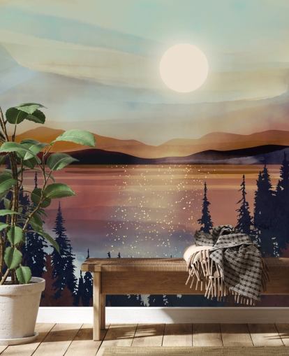 Sunset Over Bronze Lake And Mountains With Forest Trees Sunset Over Bronze Lake And Mountains With Forest Trees
