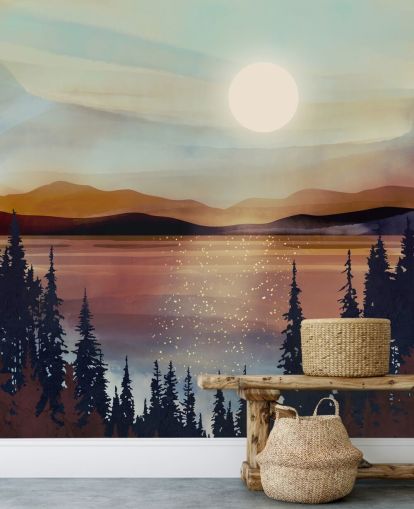 Sunset Over Bronze Lake And Mountains With Forest Trees