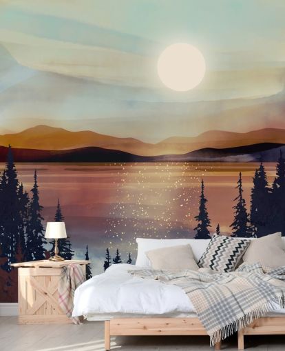 Tramonto sul lago di bronzo e le montagne con alberi forestali