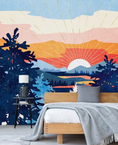 Witte zonsondergang achter een meer met blauwe bergen en bomen Witte zonsondergang achter een meer met blauwe bergen en bomen