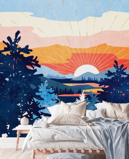 Puesta de sol blanco detrás de un lago con montañas azules y árboles 