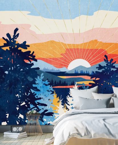 White Sun Setting Behind A Lake With Blue Mountains and Trees 