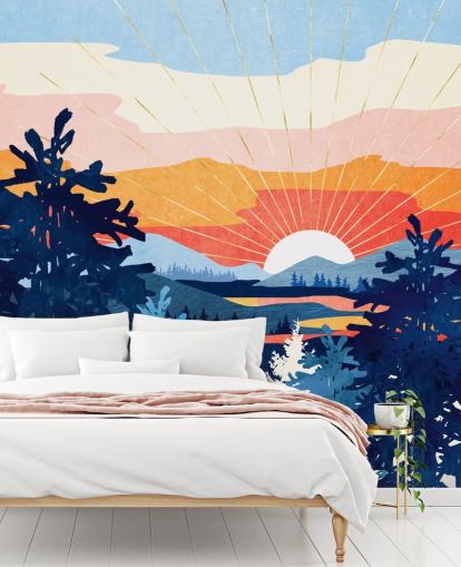 Pôr do sol branco atrás de um lago com montanhas azuis e árvores Pôr do sol branco atrás de um lago com montanhas azuis e árvores