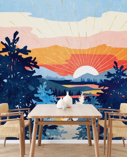 Weiße Sonne untergeht hinter einem See mit blauen Bergen und Bäumen 