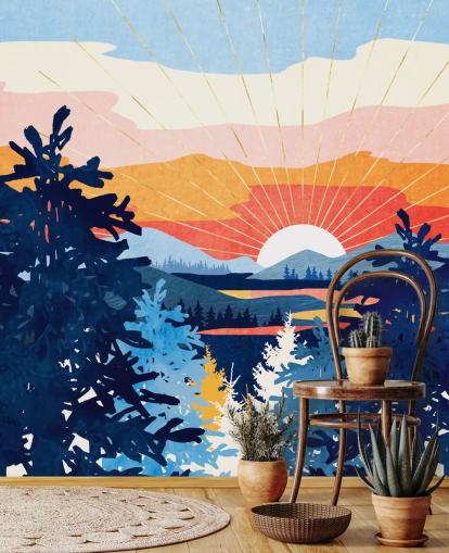 Weiße Sonne untergeht hinter einem See mit blauen Bergen und Bäumen 