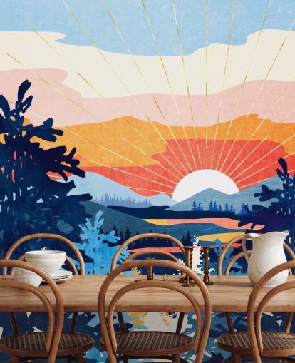 White Sun Setting Behind A Lake With Blue Mountains and Trees 