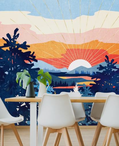 Soleil blanc se couchant derrière un lac avec des montagnes bleues et des arbres Soleil blanc se couchant derrière un lac avec des montagnes bleues et des arbres