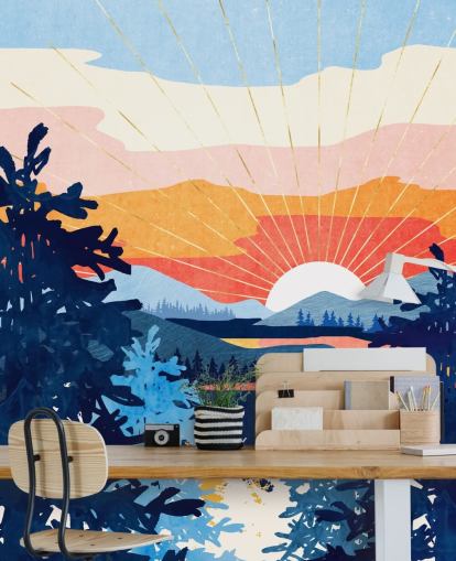 White Sun Setting Behind A Lake With Blue Mountains and Trees 