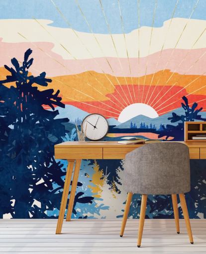 Soleil blanc se couchant derrière un lac avec des montagnes bleues et des arbres 