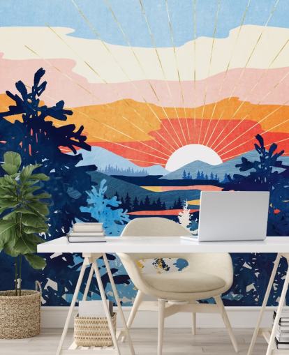 Soleil blanc se couchant derrière un lac avec des montagnes bleues et des arbres Soleil blanc se couchant derrière un lac avec des montagnes bleues et des arbres