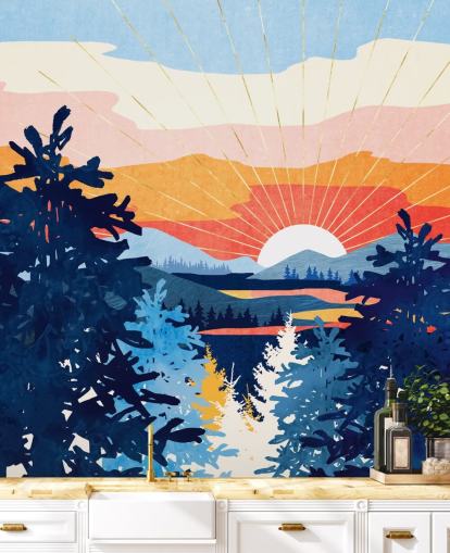 Pôr do sol branco atrás de um lago com montanhas azuis e árvores Pôr do sol branco atrás de um lago com montanhas azuis e árvores