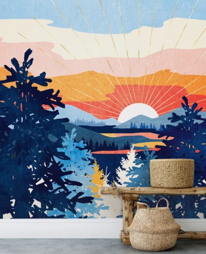 Pôr do sol branco atrás de um lago com montanhas azuis e árvores 