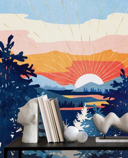 White Sun Setting Behind A Lake With Blue Mountains and Trees 