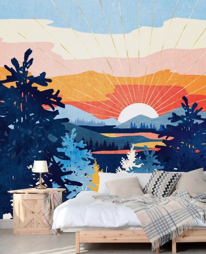 White Sun Setting Behind A Lake With Blue Mountains and Trees White Sun Setting Behind A Lake With Blue Mountains and Trees