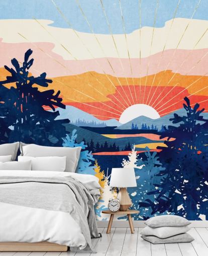 Soleil blanc se couchant derrière un lac avec des montagnes bleues et des arbres Soleil blanc se couchant derrière un lac avec des montagnes bleues et des arbres