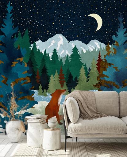 Forest Fox seduto guardando il cielo notturno