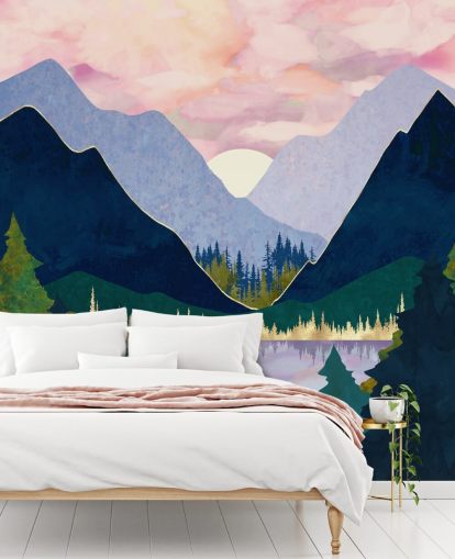 montagnes violettes et bleues près d'un lac au coucher du soleil