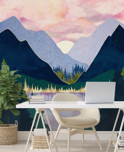 montagnes violettes et bleues près d'un lac au coucher du soleil