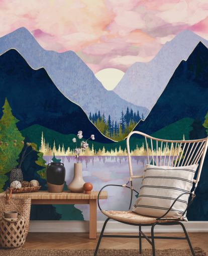 montagnes violettes et bleues près d'un lac au coucher du soleil