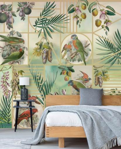 Pappagalli verdi e marroni in varie cornici su sfondo neutro Pappagalli verdi e marroni in varie cornici su sfondo neutro