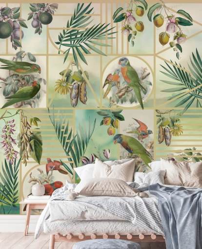 Green and brown parrots in various frames on a neutral background