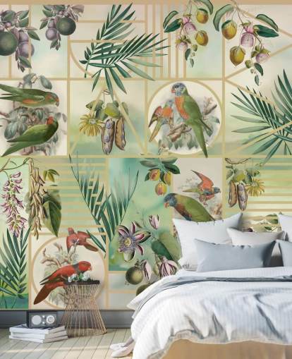 Green and brown parrots in various frames on a neutral background