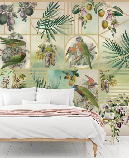 Perroquets verts et bruns dans différents cadres sur fond neutre