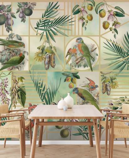 Grüne und braune Papageien in verschiedenen Rahmen auf neutralem Hintergrund