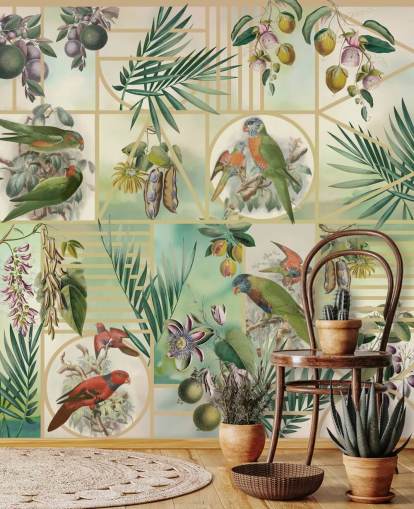 Green and brown parrots in various frames on a neutral background Green and brown parrots in various frames on a neutral background