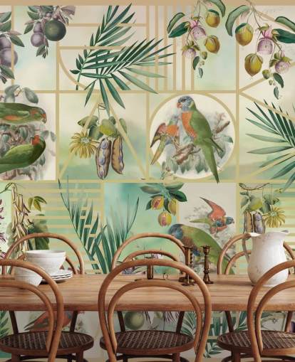 Loros verdes y marrones en varios marcos sobre un fondo neutro