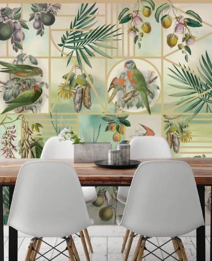 Green and brown parrots in various frames on a neutral background