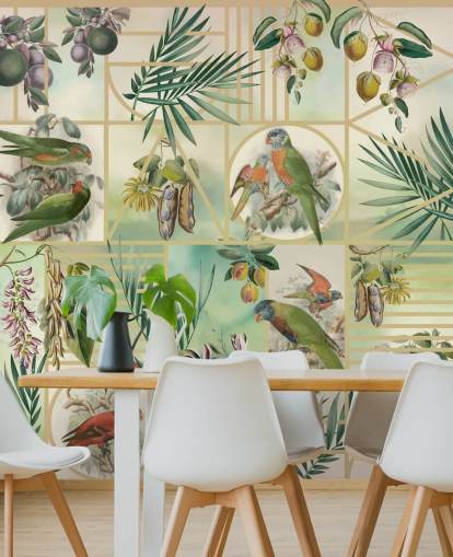 Green and brown parrots in various frames on a neutral background