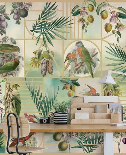 Green and brown parrots in various frames on a neutral background