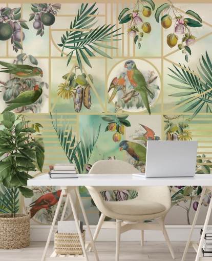 Loros verdes y marrones en varios marcos sobre un fondo neutro