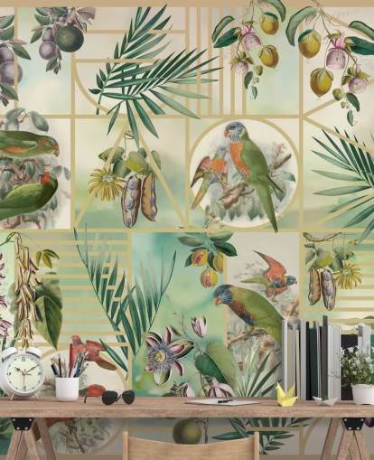Green and brown parrots in various frames on a neutral background Green and brown parrots in various frames on a neutral background