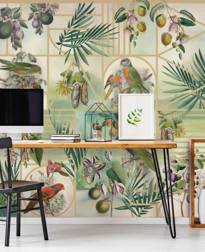 Green and brown parrots in various frames on a neutral background