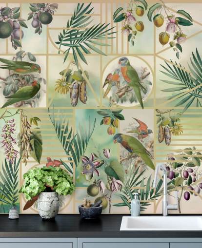 Perroquets verts et bruns dans différents cadres sur fond neutre