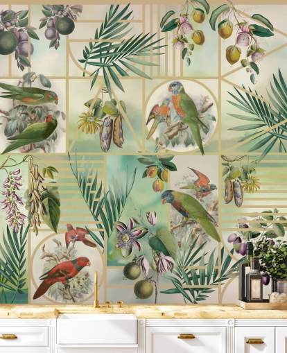 Green and brown parrots in various frames on a neutral background