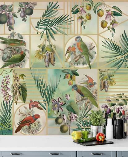 Green and brown parrots in various frames on a neutral background Green and brown parrots in various frames on a neutral background