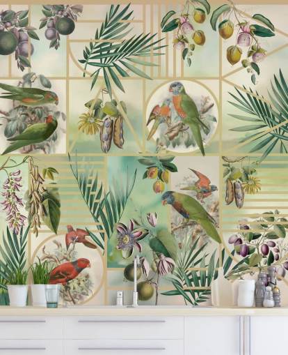 Green and brown parrots in various frames on a neutral background