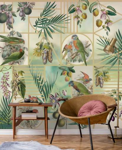 Green and brown parrots in various frames on a neutral background