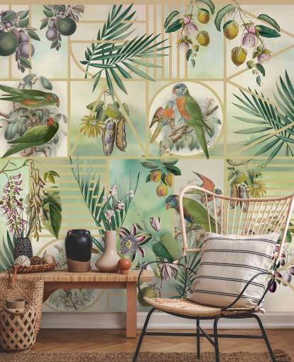 Green and brown parrots in various frames on a neutral background