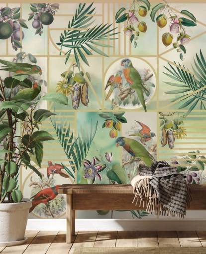 Green and brown parrots in various frames on a neutral background Green and brown parrots in various frames on a neutral background